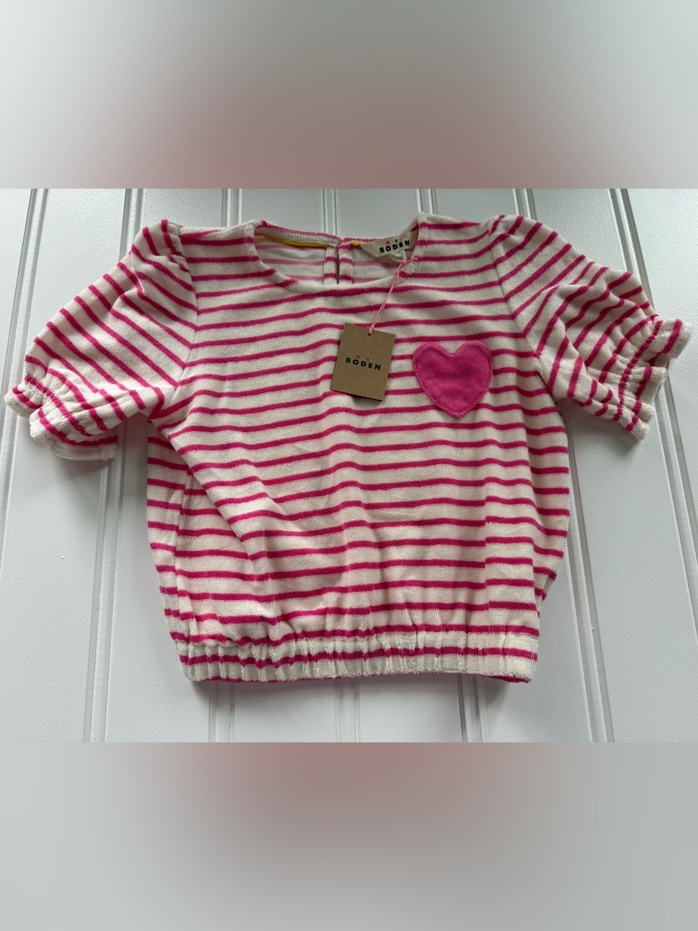 Mini Boden Pink Striped Toweling Top Terry Hear Appliqué 11 12 Girls NEW 3073